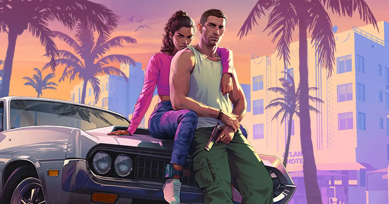 Lucia and Jason sitting on a classic car in Vice City, official artwork