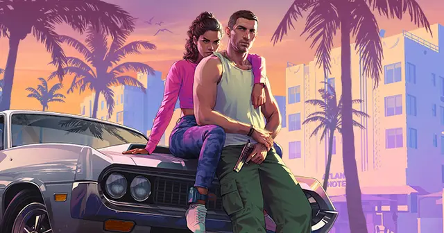 Lucia and Jason sitting on a classic car in Vice City, official artwork