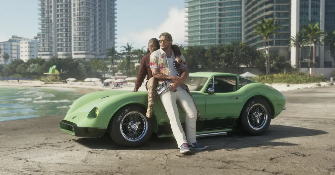 Jason and Lucia leaning on a green sports car on a Vice City beach