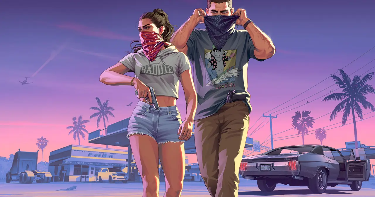 Lucia and Jason walking away from a gas station, official GTA VI artwork