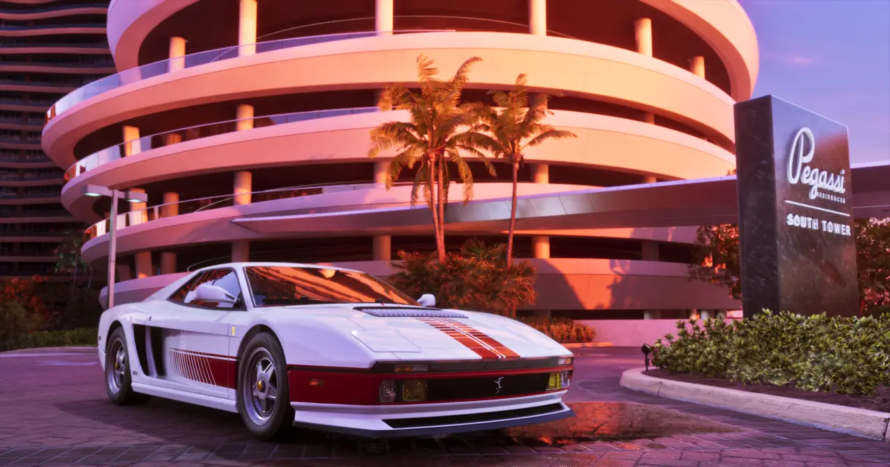 A white Grotti Cheetah sports car outside a Vice City hotel