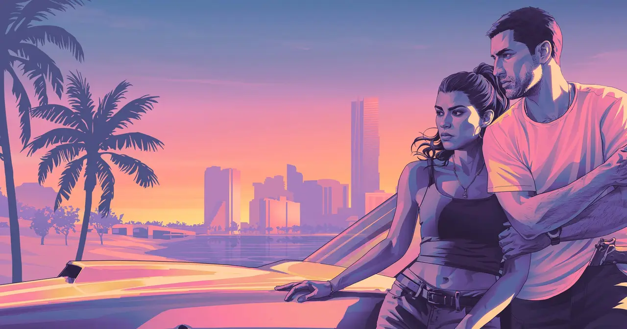Jason and Lucia against the Vice City skyline, official GTA VI music artwork