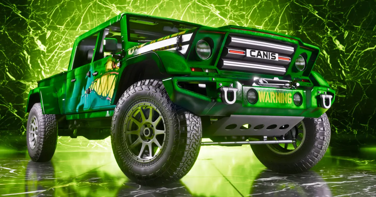 A green off-road truck under a lightning-green backdrop