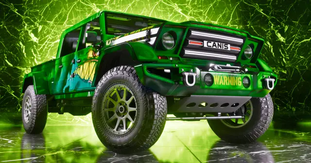 A green off-road truck under a lightning-green backdrop