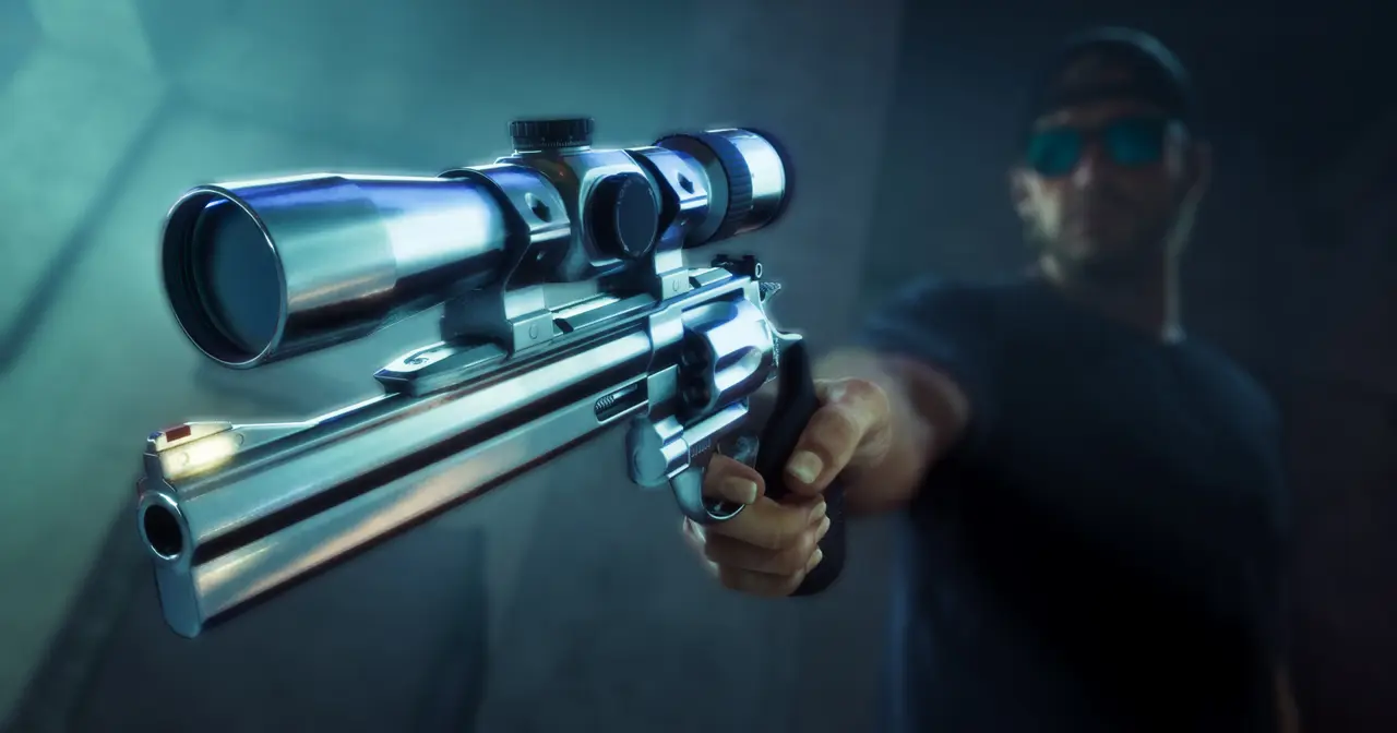 A scoped revolver aimed at the camera