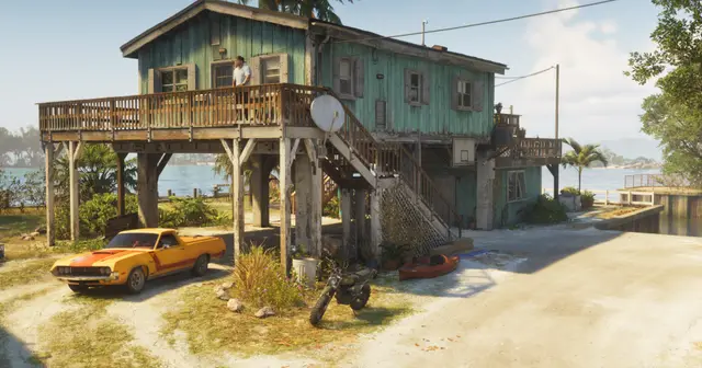 A stilted beach safehouse with a classic car in the Leonida Keys