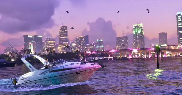 A speedboat on the water below the Vice City skyline at dusk