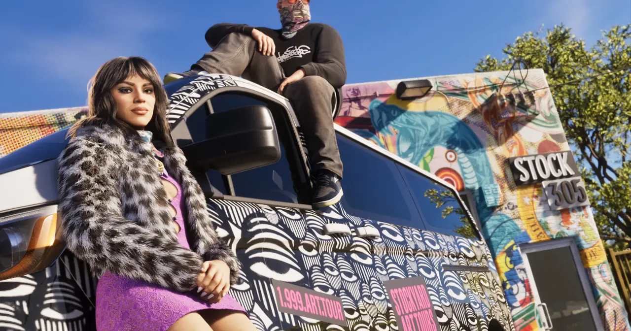 Two characters on a graffiti-covered truck