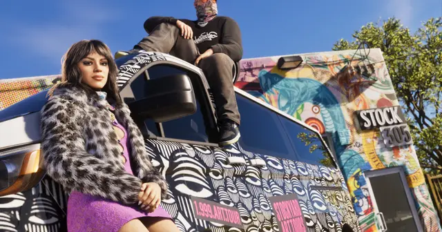 Two characters on a graffiti-covered truck