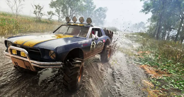 A rally buggy splashing through a muddy swamp track