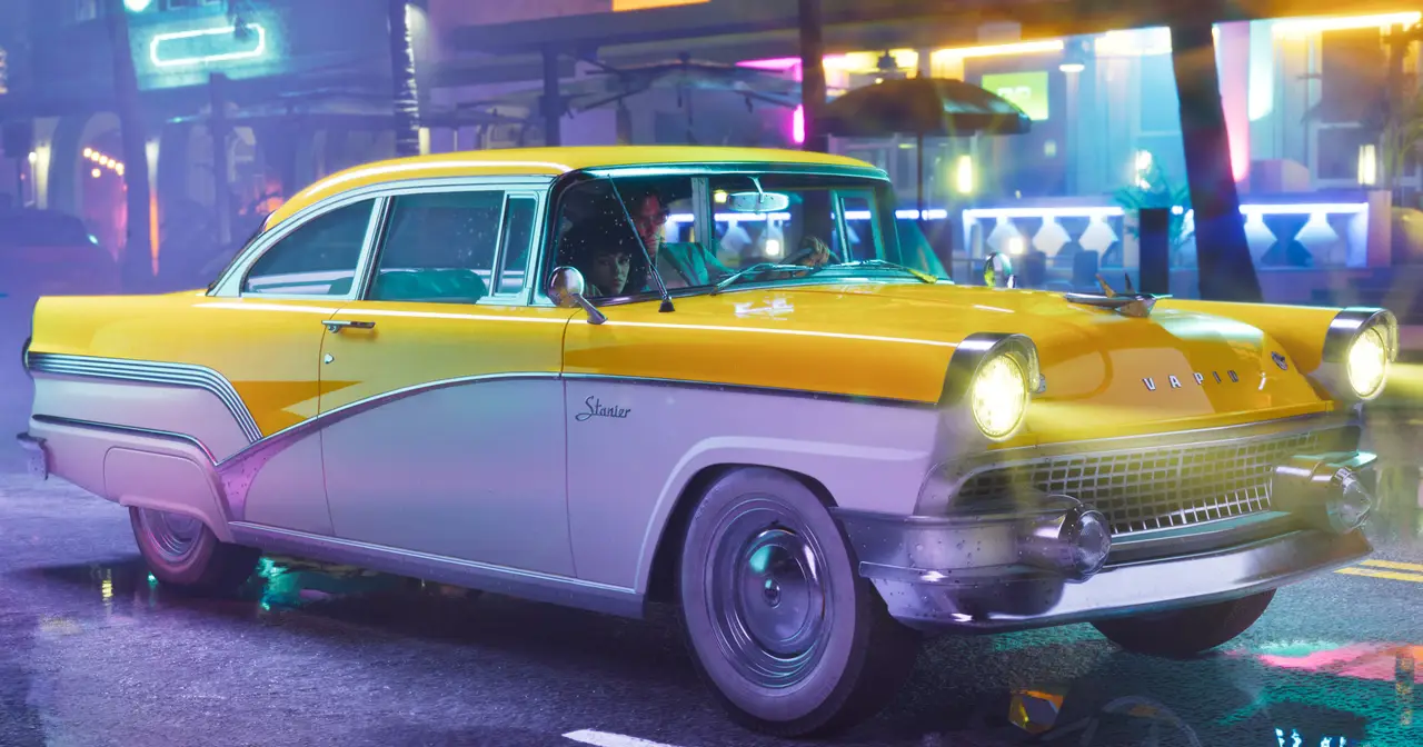 A yellow vintage taxi under Vice City neon