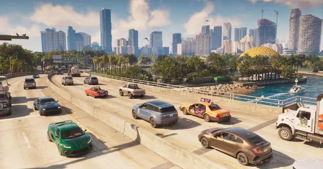 Traffic on a Vice City highway with the downtown skyline behind